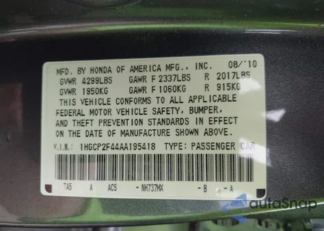 2010 Honda Accord 2.4 Lx-P z USA, uszkodzony, nr VIN 1HGCP2F44AA195418